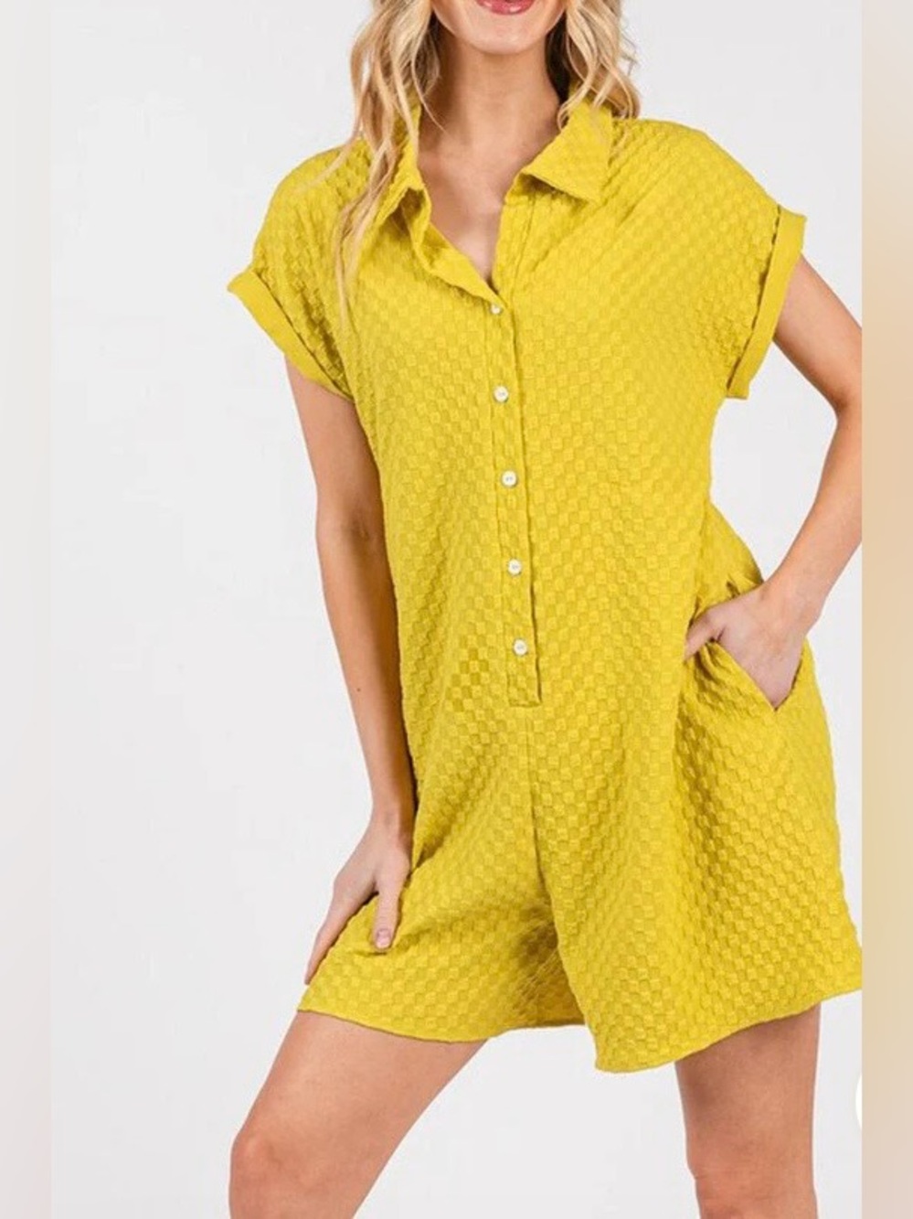 0259.  Textured Short Sleeve Romper in Mustard Yellow